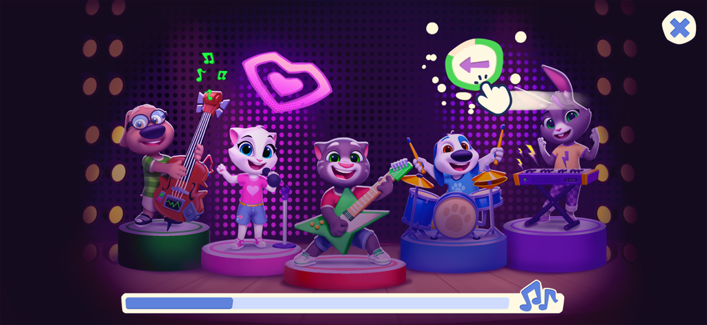 Talking Tom y amigos actuando juntos en un minijuego de banda de música.