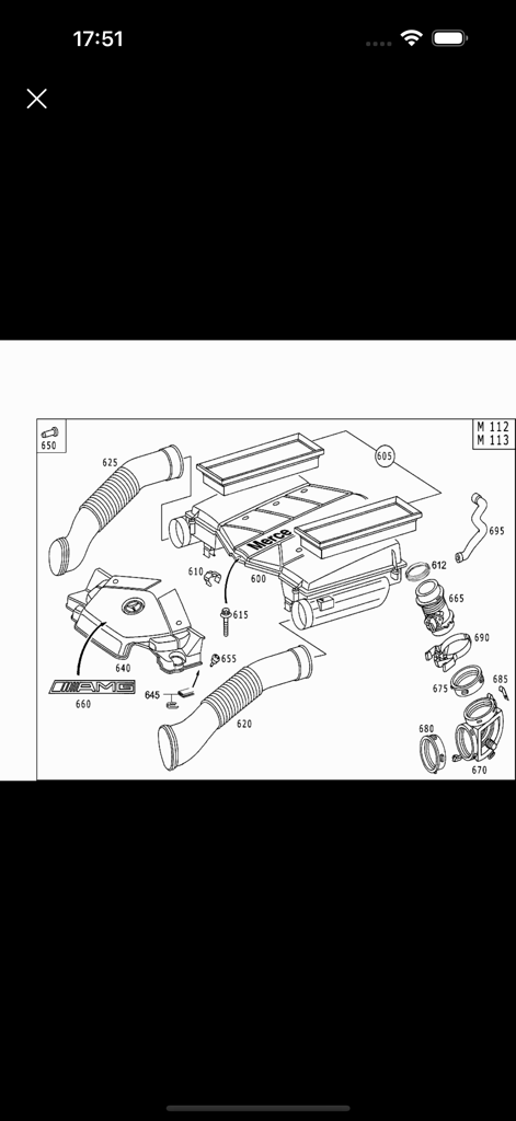 Car Parts - OEM catalogs - Technical assembly drawing of Mercedes AMG engine parts with reference numbers