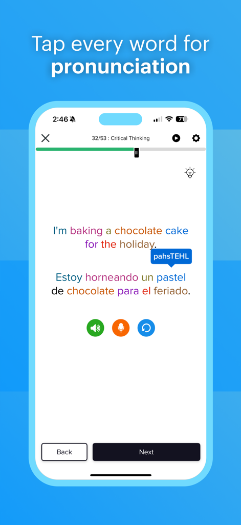 Mango Languages: Learning - Mango Languages app interface showing a Spanish translation lesson with phonetic pronunciation help.
