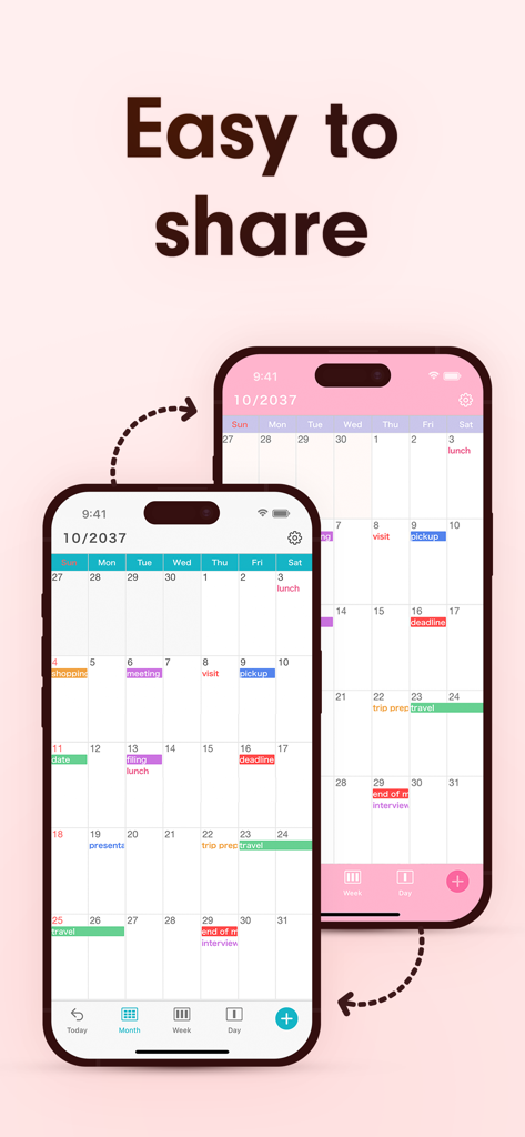 Dos iPhones mostrando la aplicación Simple Calendar con eventos codificados por colores y un encabezado que dice Fácil de compartir.