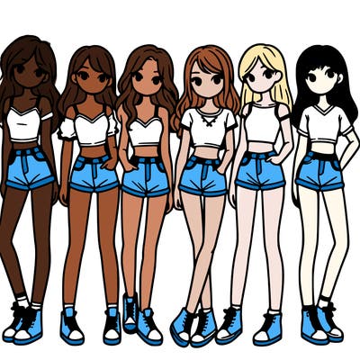 a group of girls wearing crop tops and shorts