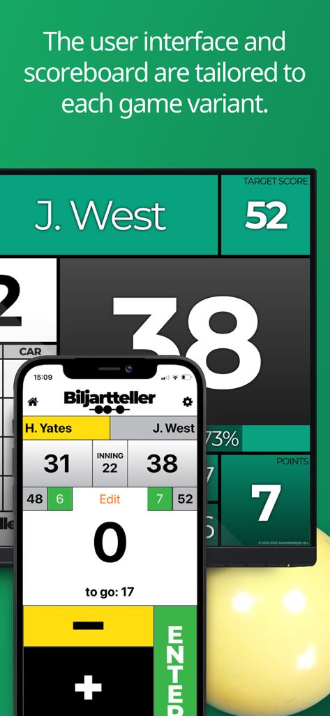 Interfaz móvil y marcador digital para el seguimiento de billar carambola.