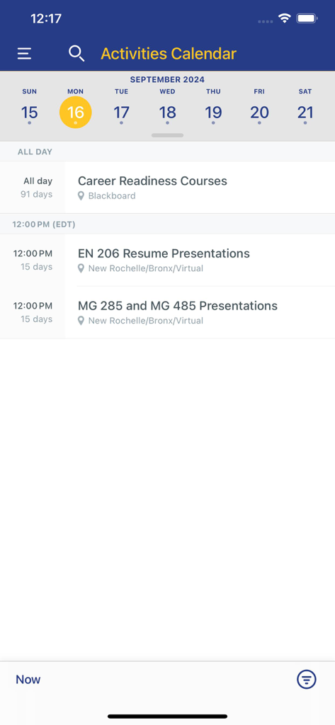 The Activities Calendar screen of the MyMonroe Mobile app showing a schedule of student events and course presentations.