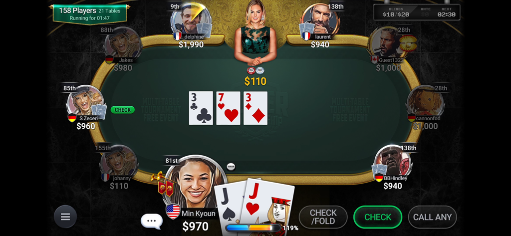 Poker Championship - Holdem - A multi-player Texas Holdem poker tournament table showing player avatars and a pair of Jacks in the hand.