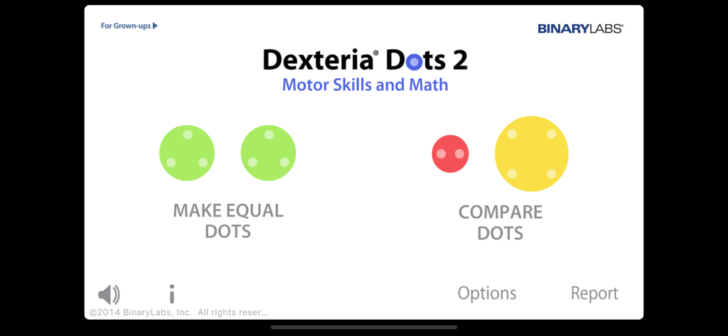 Dexteria Dots 2: Fine Motor - Main menu of Dexteria Dots 2 app featuring game modes for motor skills and math with colorful dot illustrations
