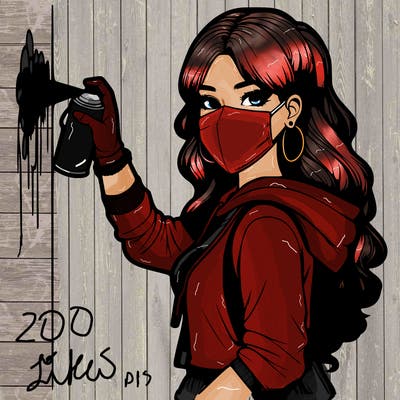 realistic girl with mask spray painting a wall