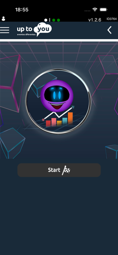 Up2you - Start screen of the Up2You event app featuring a digital robot icon and a start button with a checkered flag