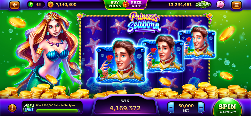 Vegas Quest Slots－Casino Games - Captura de pantalla de jugabilidad de la máquina tragamonedas Princess Seaborn en Vegas Quest Slots mostrando una gran ganancia de monedas y tema de sirena