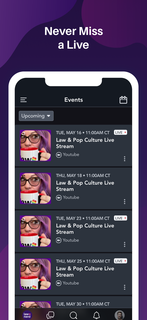 Mobile screen of the Law Nerd app displaying a schedule of upcoming Law and Pop Culture YouTube live streams