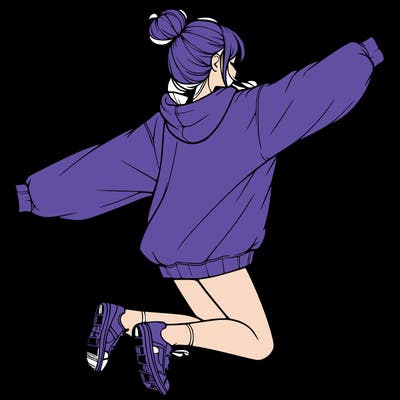 realistic girl jumping with a bun and oversized sweatshirt