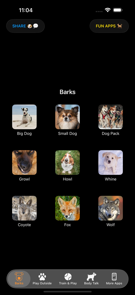 Dog Sounds & Body Talk - Uma interface de aplicação móvel mostrando várias opções de sons de latidos e uivos de cães com imagens de cães, raposas e lobos