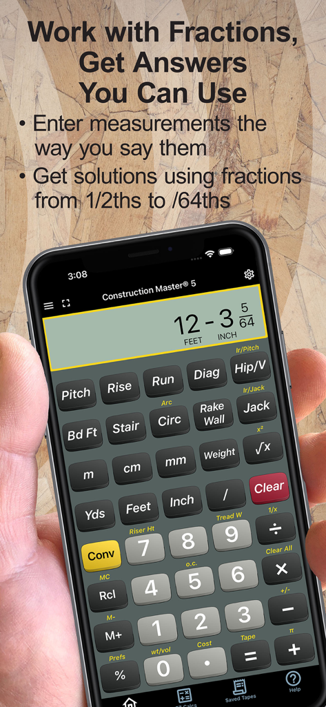 Construction Master 5 Calc - Smartphone displaying Construction Master 5 Calc app with feet and inch fractions