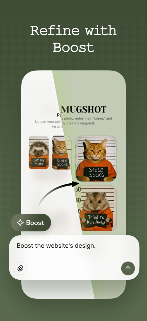 YouWare-Vibe Code Apps with AI - ペットのマグショットウェブサイトプロジェクトのデザインを微調整するAIブースト機能を示すYouWareアプリのインターフェース。