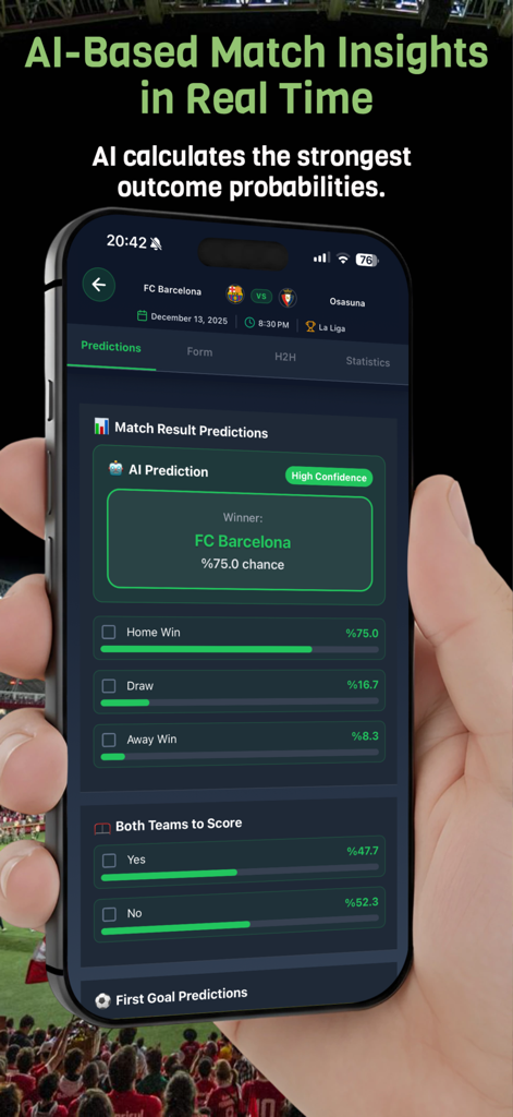 AI ScoreCast PRO-Oberfläche, die Spielendergebniswahrscheinlichkeiten und Sporteinblicke anzeigt.