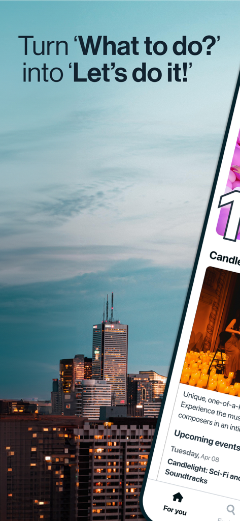 Fever app interface showing Candlelight Concerts over an urban city skyline background