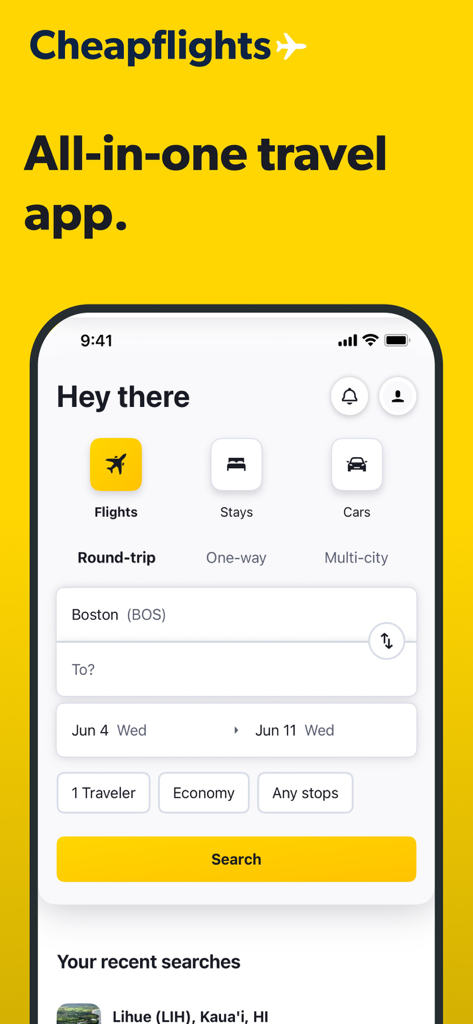 Cheapflights app interface showing search options for flights stays and car rentals
