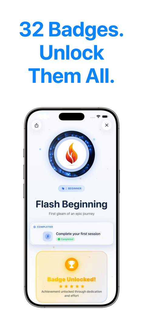 RazFit - A mobile phone screen from the RazFit app showing an unlocked achievement badge for completing a first workout session.