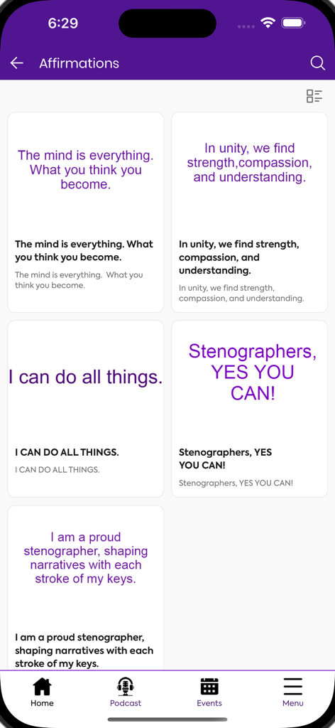 Steno In The City - Affirmations screen in the Steno In The City app displaying motivational quotes for stenographers.