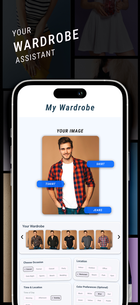 FitCheck - Personal AI Stylist - Interface of the FitCheck app showing an AI wardrobe assistant with outfit analysis and occasion-based style filters