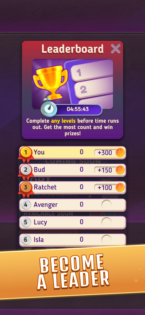 Block King Puzzle - Leaderboard screen in Block King Puzzle showing player rankings and rewards under a gold trophy icon