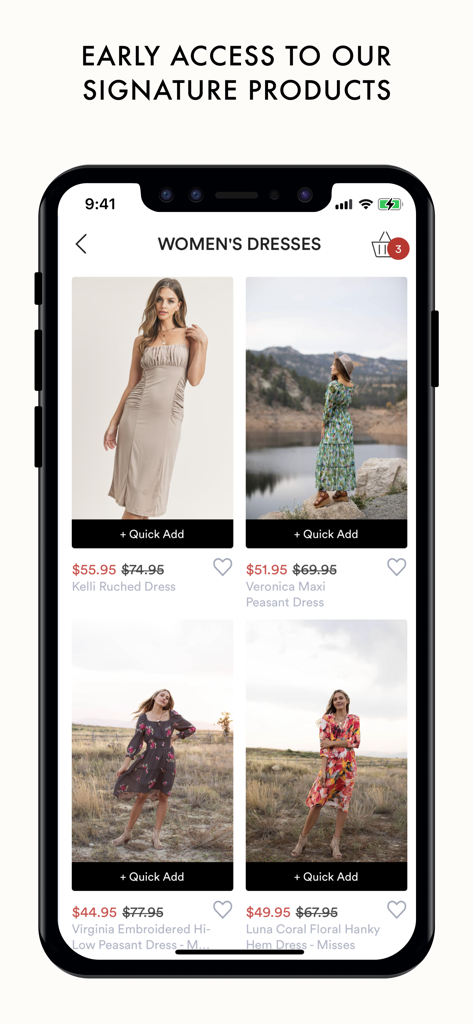 Dressbarn - Dressbarn app screen displaying womens dresses with sale prices and quick add buttons