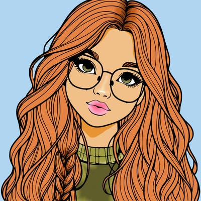 girl with long hair and freckles and glasses realistic