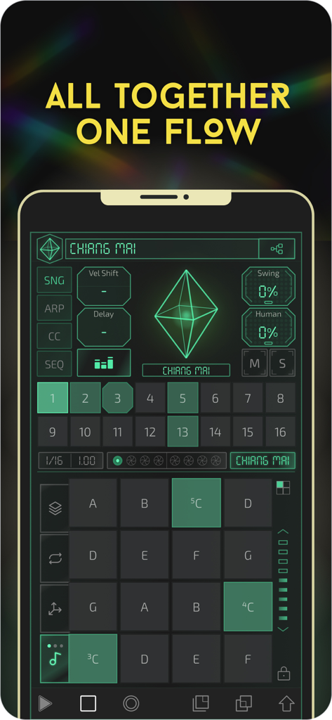 Prism MIDI Sequencer - La interfaz de usuario de la aplicación Prism MIDI Sequencer en iPhone que muestra un tema oscuro con botones de secuenciador de pasos verde neón y pads de control musical.