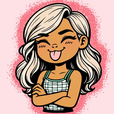 realistic girl crossing her arms and wearing a tank top with her tongue held out she has long hair