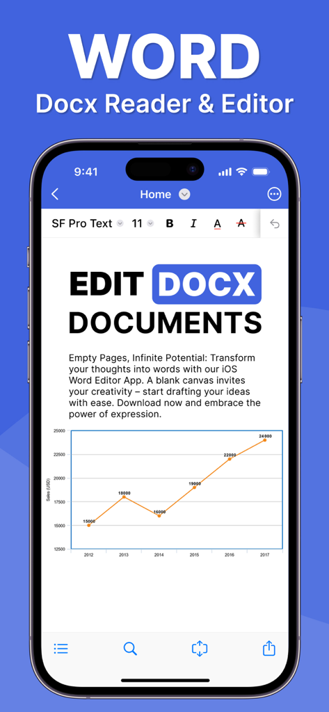 Interfaz de la aplicación Office 7 mostrando un editor de documentos de Word en un iPhone con texto y un gráfico de líneas