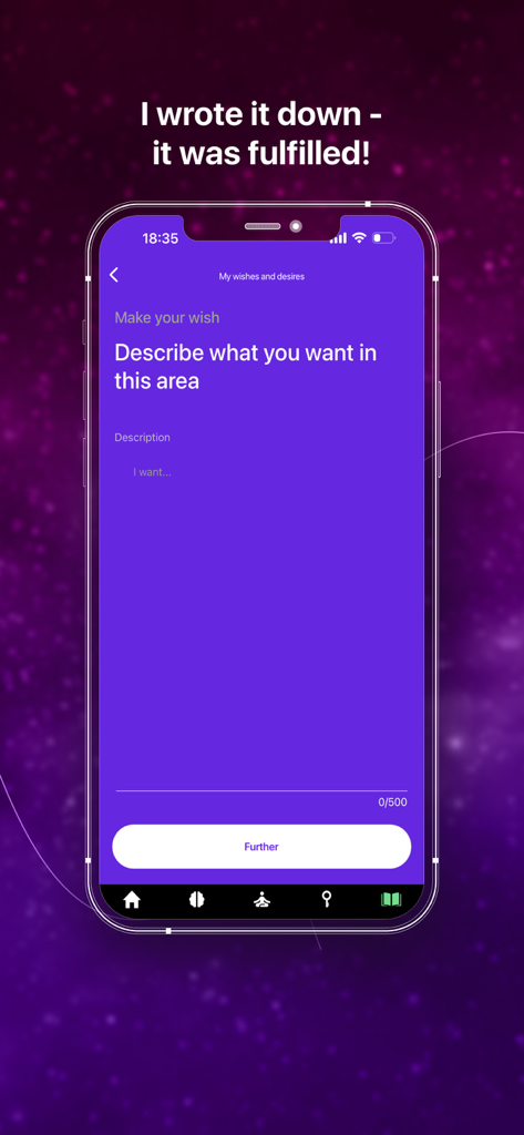 Mind Power: Guided Meditations - Una pantalla de smartphone que muestra la interfaz de la aplicación Mind Power para escribir y manifestar deseos y anhelos personales.