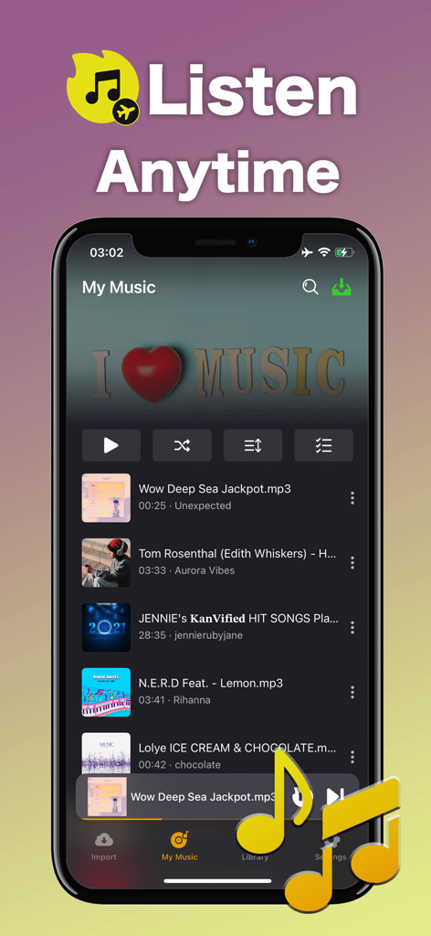 BeatFire: Offline Music Player - BeatFire app interface showing a list of imported music tracks for offline listening