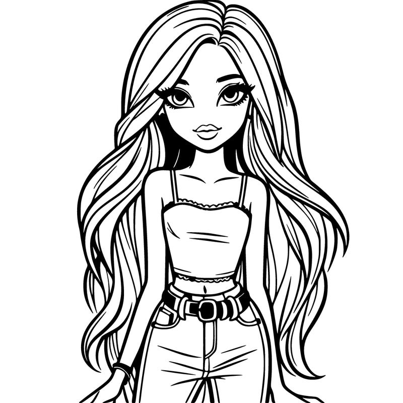 a girl with long hair and a skinny appearance, she is beautiful, the most beautiful in the world, she has amazing hair, and beautiful eyes, with a tank top and jeans with a chunky belt