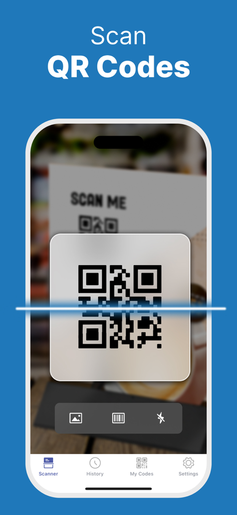 Smartphone screen showing the QR Code Reader app interface scanning a QR code with a scanning line.