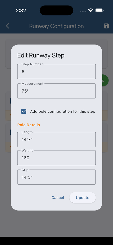 The Edit Runway Step screen in the BPVA Calendar app displaying measurement and pole information