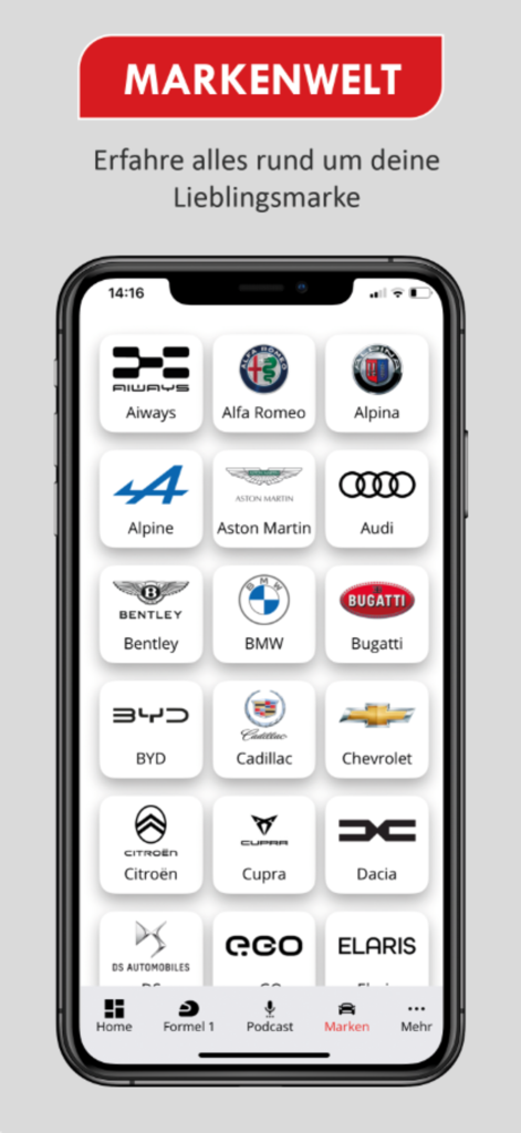 auto motor und sport News - Ein Smartphone-Bildschirm, der ein Raster verschiedener internationaler Automarken-Logos in der auto motor und sport App zeigt