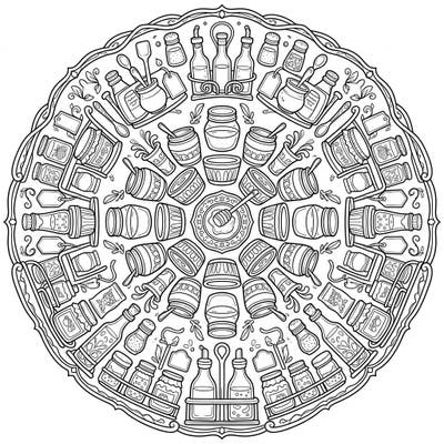 Explore a deliciously intricate world with this Condiment Holders Mandala coloring page, featuring an array of kitchen essentials arranged in a mesmerizing radial pattern. This unique design offers a perfect blend of everyday charm and detailed symmetry for an engaging coloring experience.