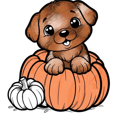 puppy that is in a pumpkin