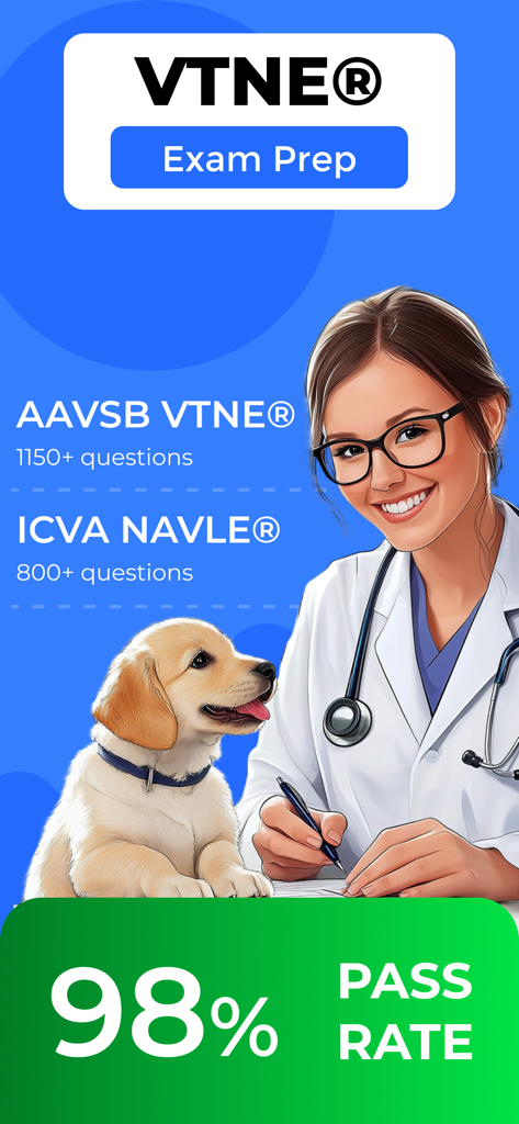 VTNE Exam Prep & Pass 2026 - VTNE and NAVLE exam prep app showing a 98 percent pass rate with a female veterinarian and a puppy