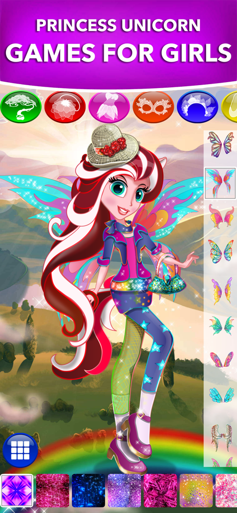 Customizing a pony princess character with colorful wings and a hat in a magical dress up game interface