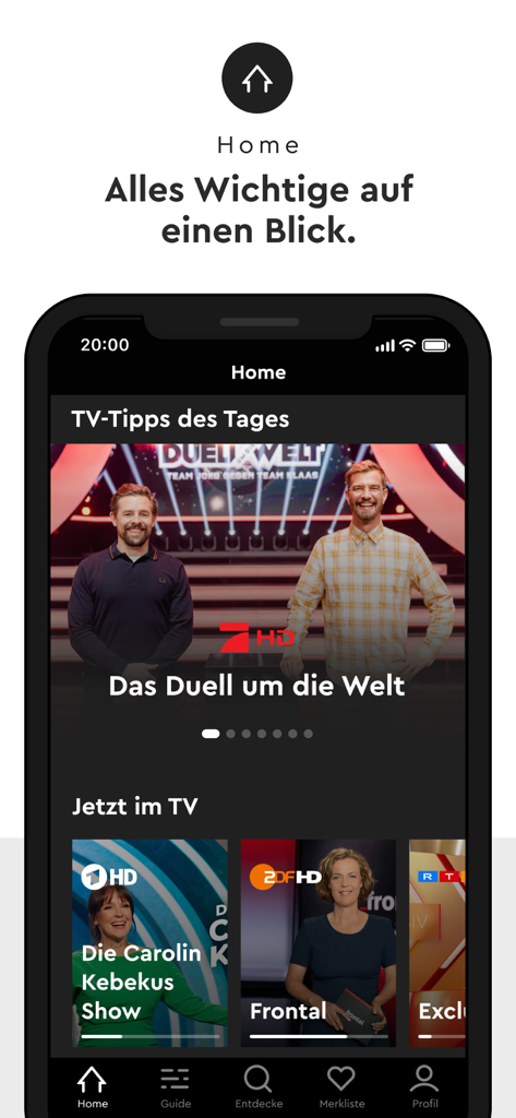 HD+ - HD Plus Mobile App Startbildschirm mit deutschen Live-TV-Sendungen und täglichen Programmtipps.