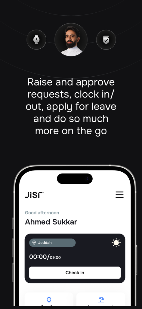 Jisr HR mobile app interface showing employee check in and attendance tracking
