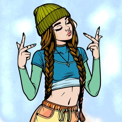 realistic teenage girl with braids and a beanie and crop top doing 🫶🏼