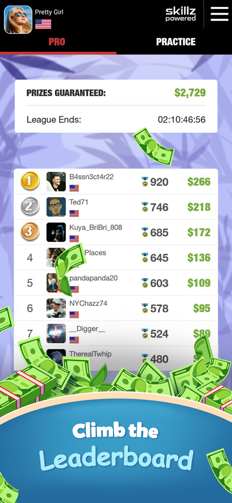 Fruit Fighter: skillz prizes - A mobile app leaderboard for Fruit Fighter showing player rankings and guaranteed cash prizes.