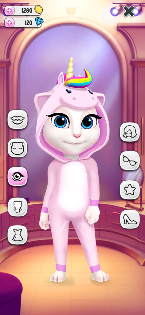 Talking Angela wearing a pink unicorn onesie in her virtual wardrobe