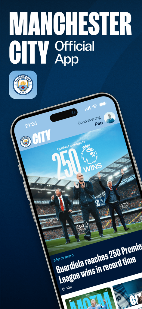 Manchester City Official App - Der Startbildschirm der offiziellen Manchester City App mit Nachrichten über Pep Guardiolas 250. Premier-League-Sieg.
