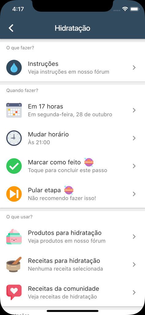 Mobile App-Oberfläche, die den Hydrationsschritt einer Haarpflege-Routine mit Zeitplanung und Rezepten zeigt.