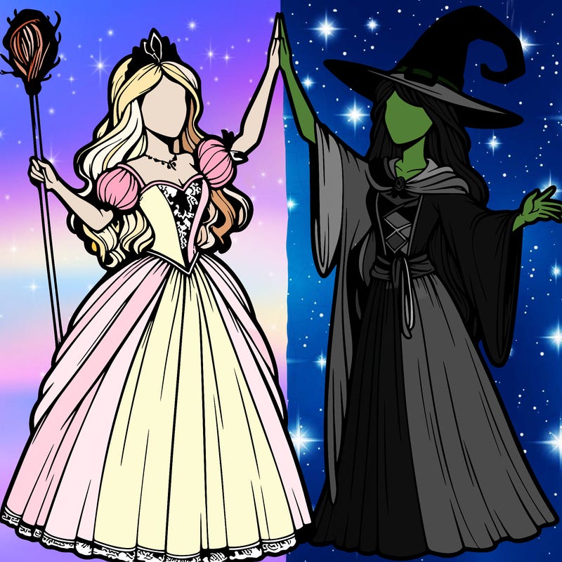 detailed realistic split of a princess and a witch