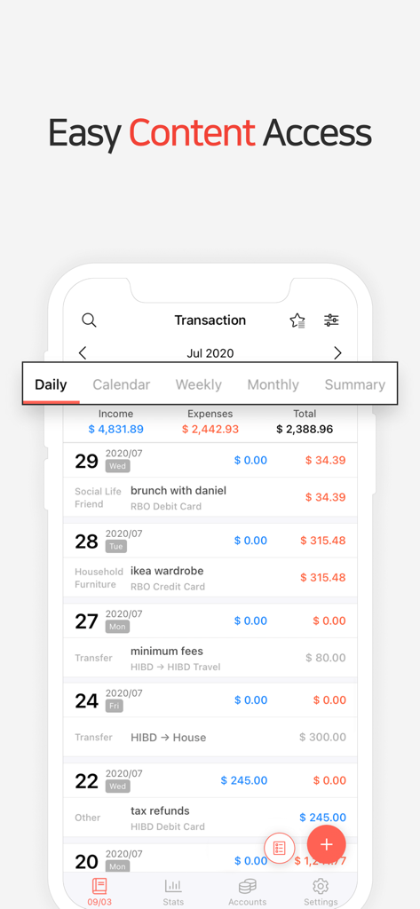 Daily transaction list in the Money Manager app showing income and expenses for the month