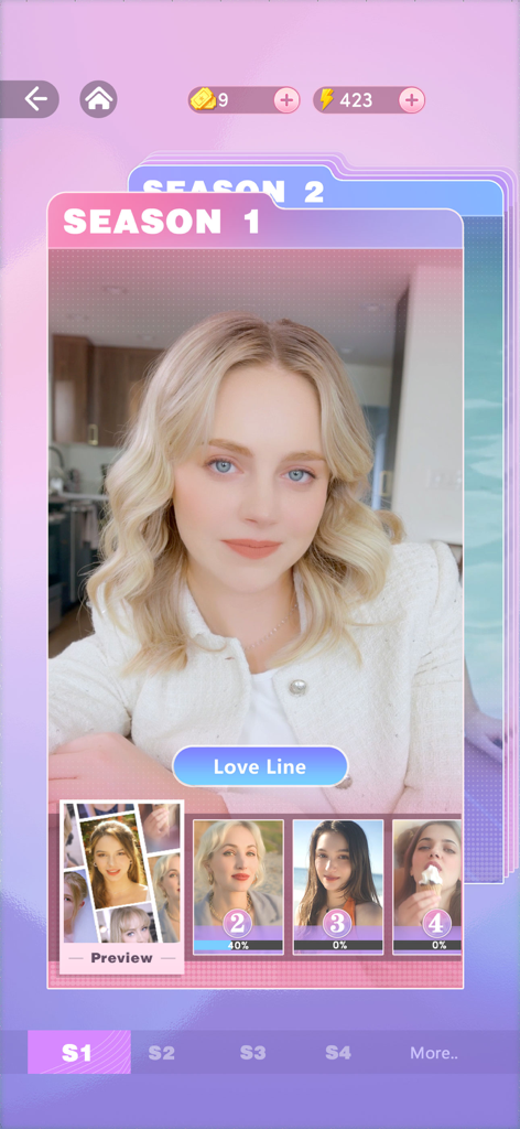 Interface of the Love Choice app showing season one character options with a blonde woman as the primary focus