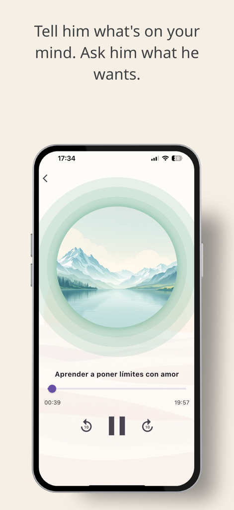 Mint AI meditation app player screen showing a personalized session with a serene mountain landscape.
